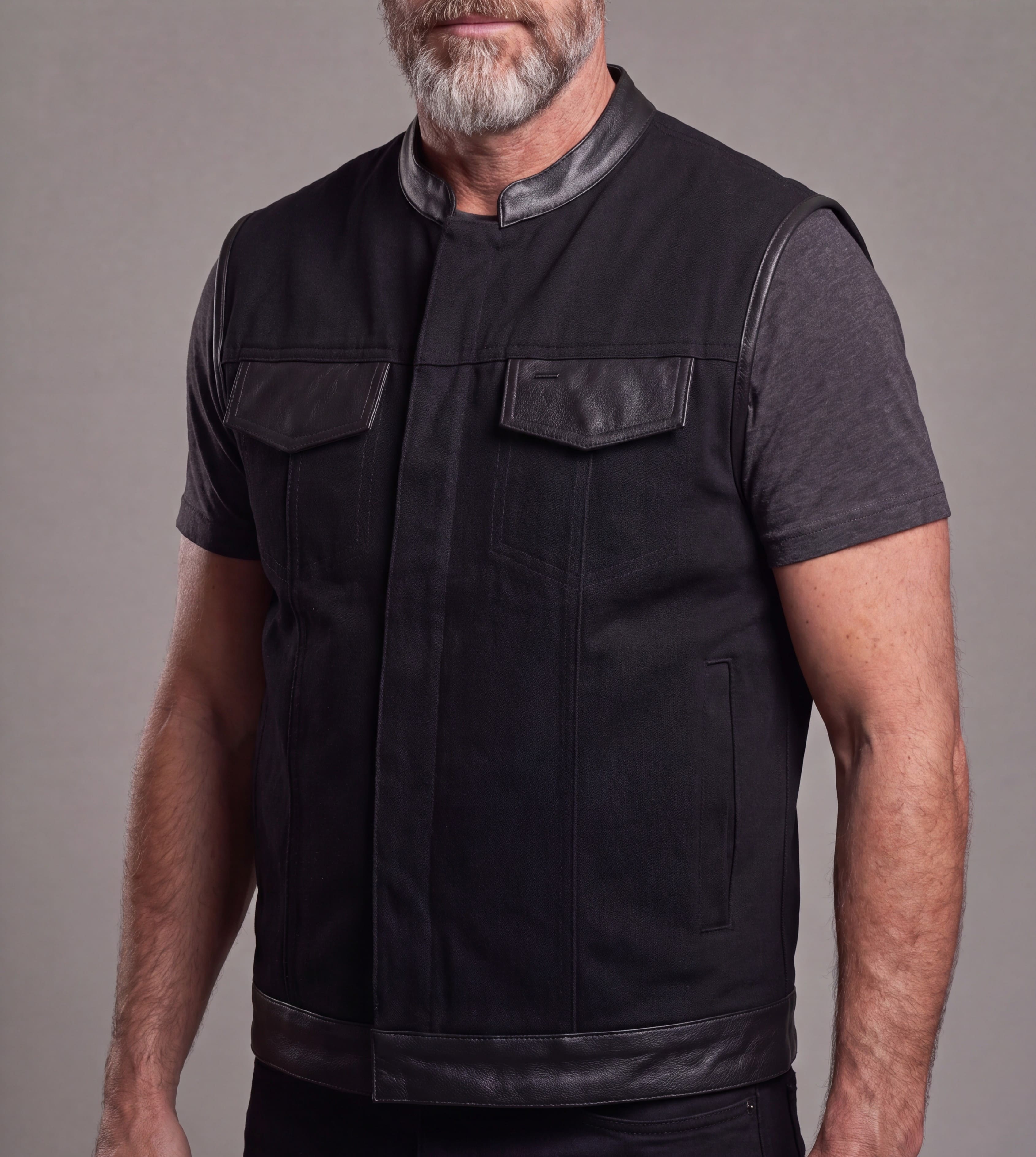 Vance Denim Black Club Vest with Leather Trims - side pose