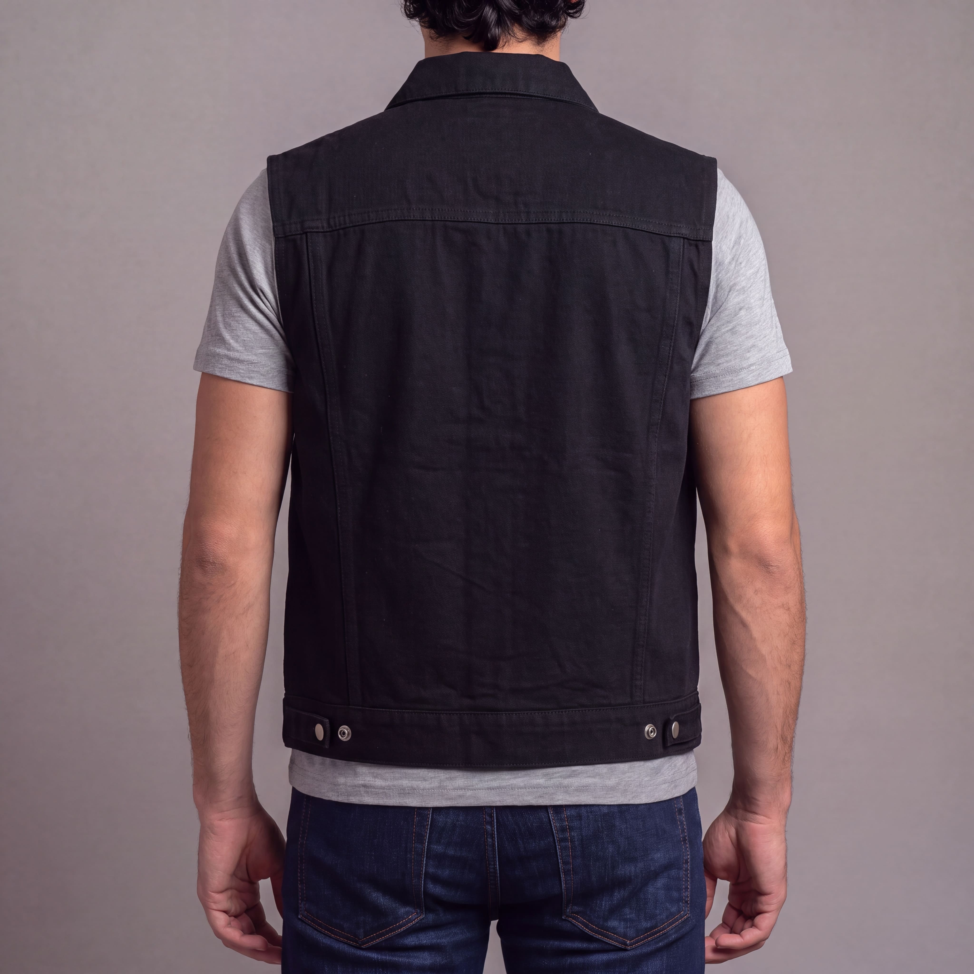 Vance Mens Black Jean Style Denim Motorcycle Vest - back pose