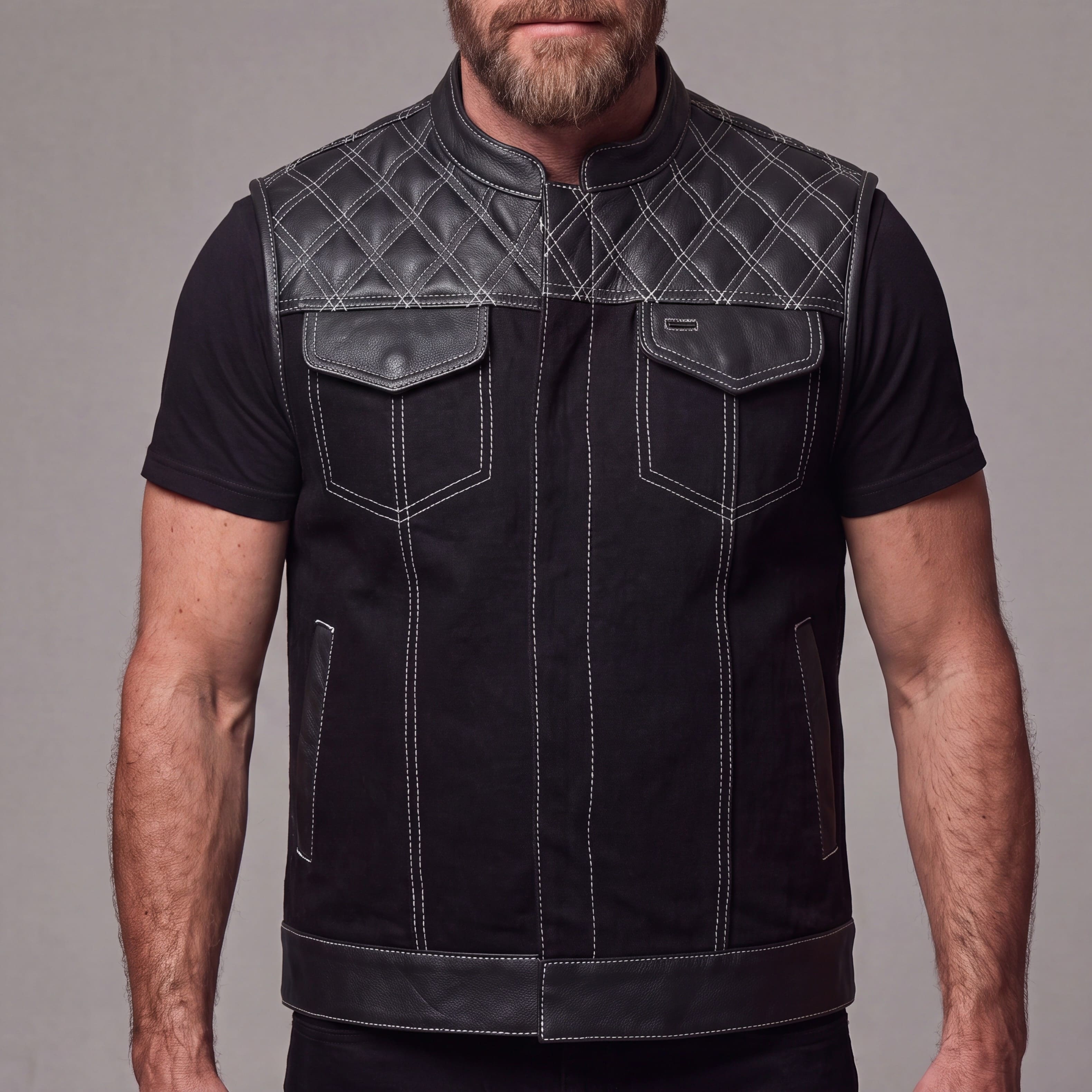 Men's Denim & Leather Motorcycle Vest with CCW Pockets and White Stitching - front pose