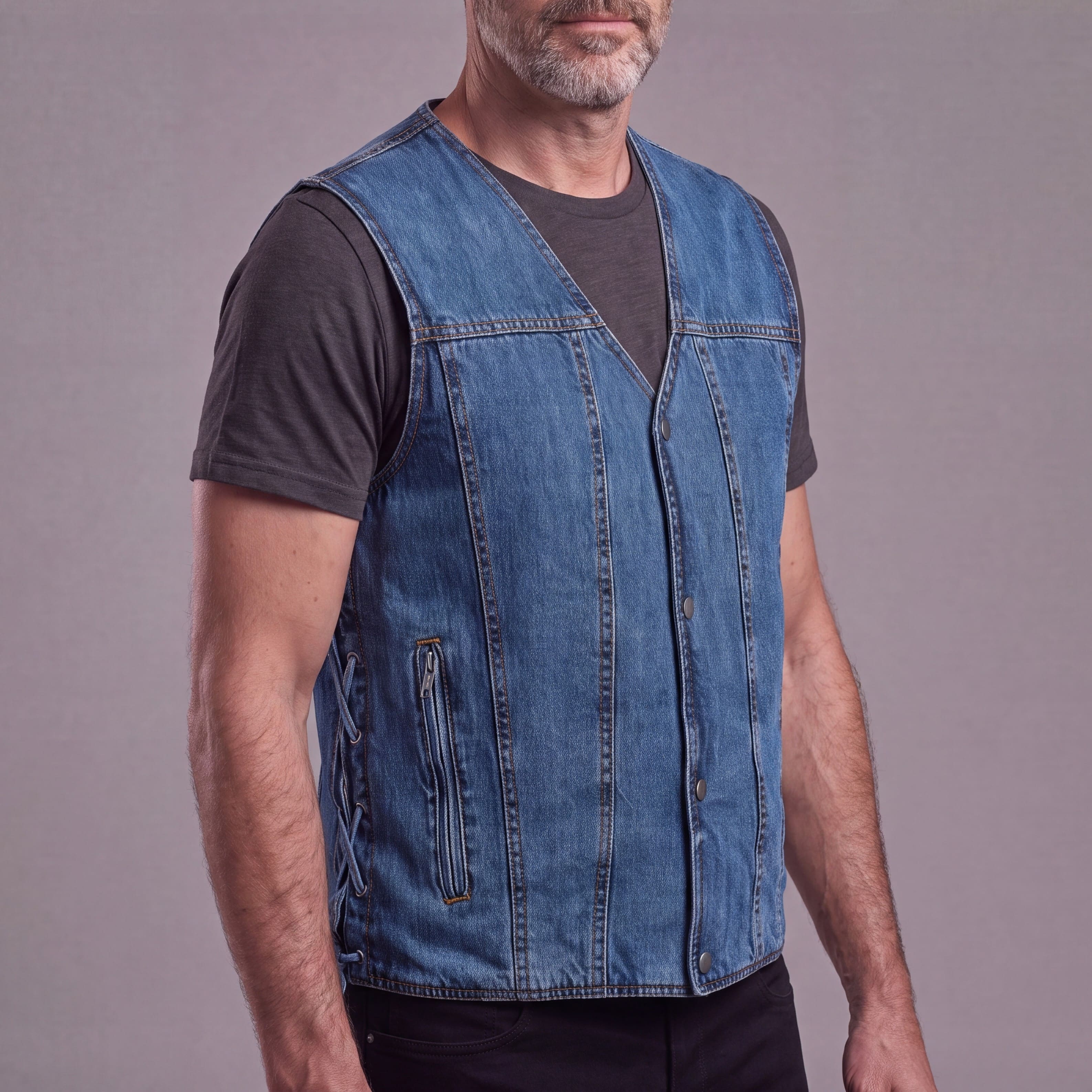 Vance Mens Blue V-Neck Denim Vest for Motorcycle Riders - side pose