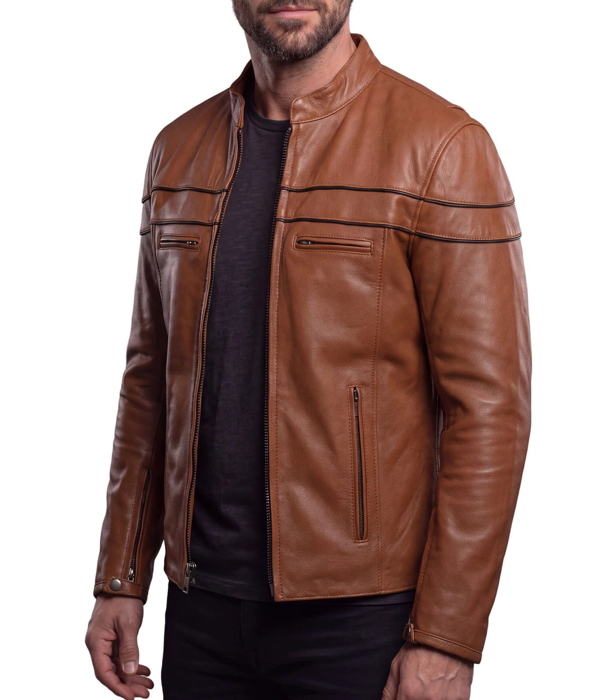 Men's Cognac Brown Premium Cowhide Cafe Racer Leather Motorcycle Jacket with Zipper Vents - side view