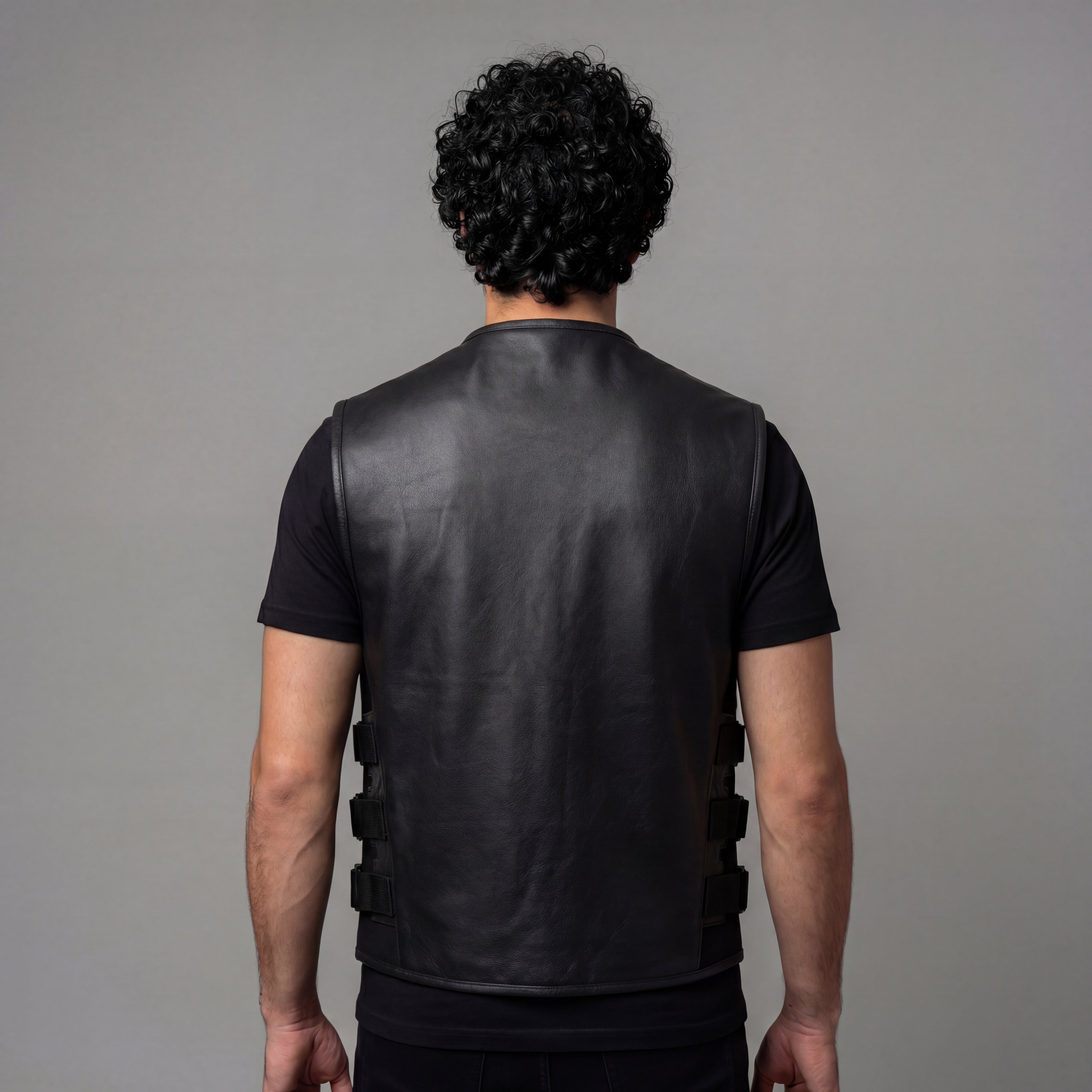 Mens Black SWAT Team Style Premium Leather Motorcycle Vest - back pose