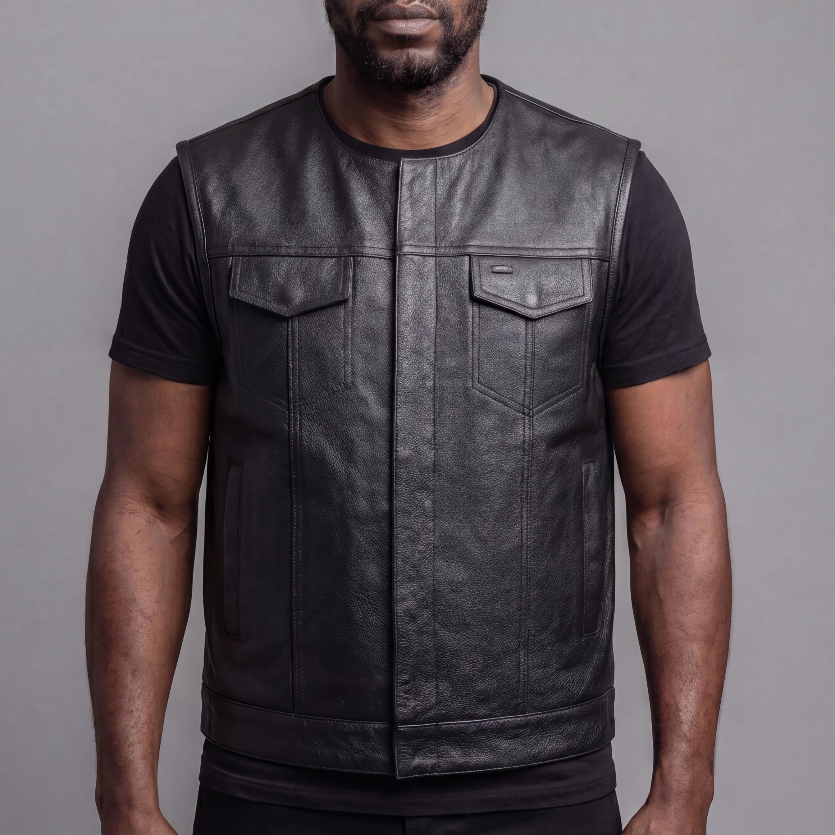Mens Black Premium Cowhide Leather Motorcycle Vest With Quick Access Conceal Carry Pockets - front pose