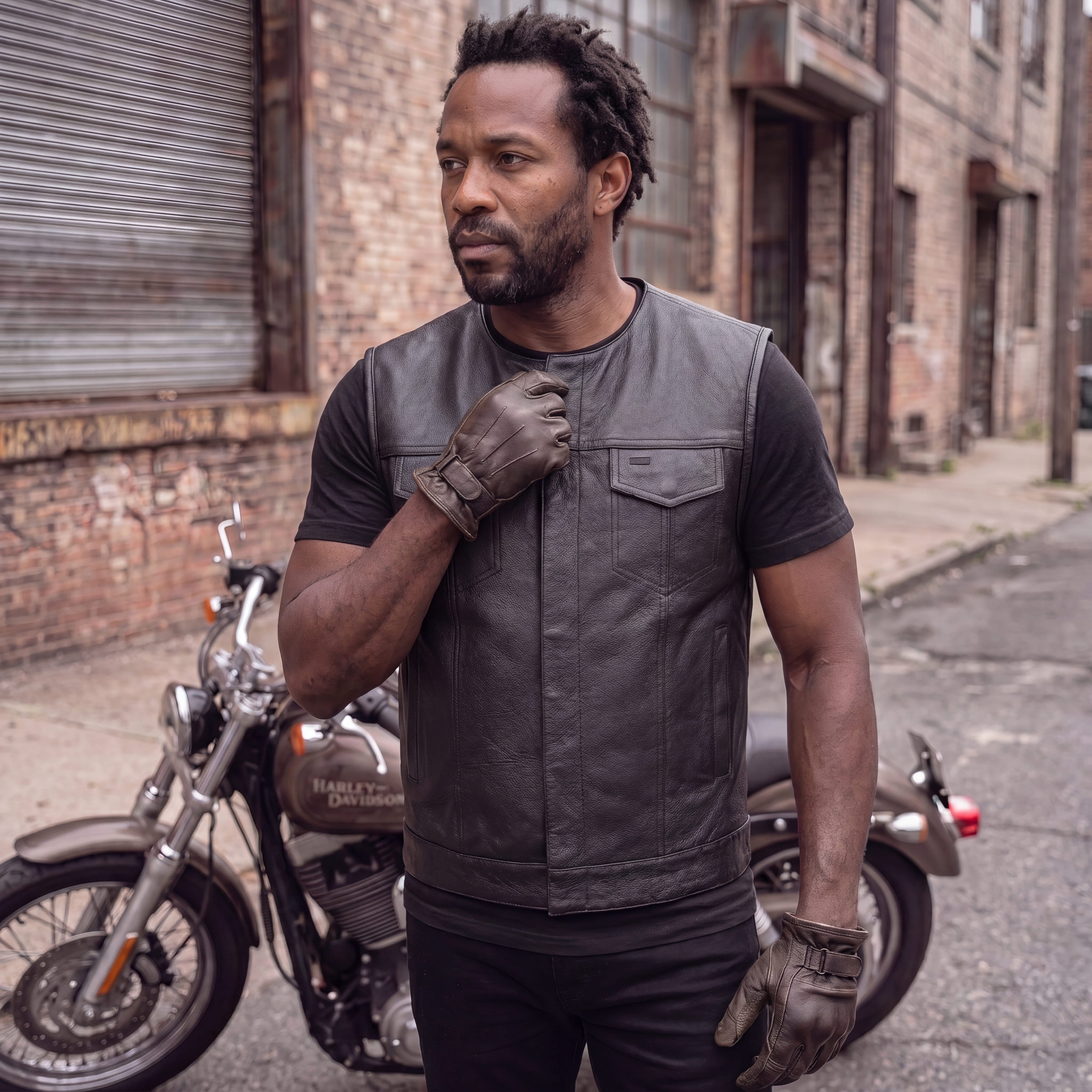 Mens Black Premium Cowhide Leather Motorcycle Vest With Quick Access Conceal Carry Pockets - pic