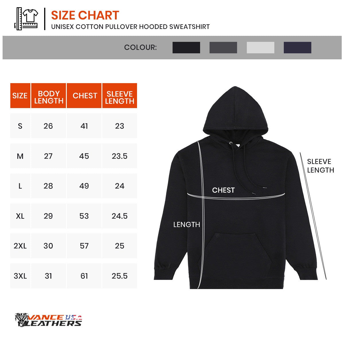 Vance Unisex Cotton Pullover Hooded Sweatshirt for Men and Women - Size chart
