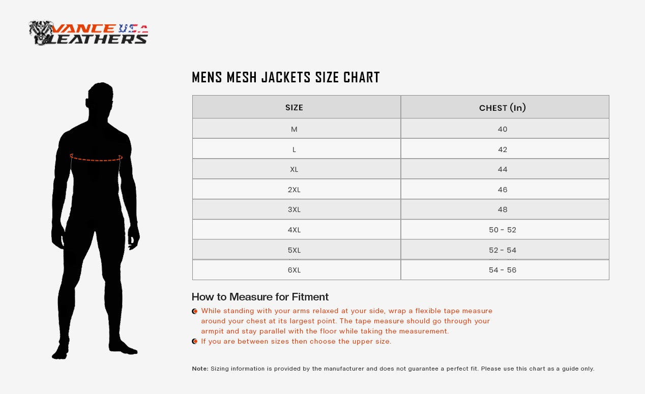 Advance Vance VL1622B Mens All Weather Season CE Armor Mesh Motorcycle Jacket - Sizechart