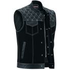 Vance-Leathers-VB924WH-Men's-Denim-Leather-Motorcycle-Vest-with-White-Stitching-front-snap-button-zipper
