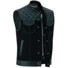 Vance-Leathers-VB924GN-Men's-Denim-Leather-Motorcycle-Vest-with-Green-Stitching-front-snap-button-zipper
