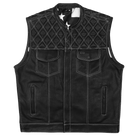 High-Mileage-HMM924W-Mens-Zipper-and-Snap-Closure-Leather-Club-Vest with-American-Flag-Liner-White-Stitching-Front-view