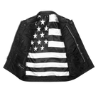 High-Mileage-HMM924W-Mens-Zipper-and-Snap-Closure-Leather-Club-Vest with-American-Flag-Liner-White-Stitching-Front-open-view