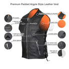 Vance VL941 Men's Premium Padded Argyle Style Black Premium Cowhide Leather Biker Motorcycle Vest - Infographics