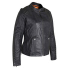 High Mileage HML638B Women's Lace and Grommet Detail Black Goatskin Leather Lady Biker Motorcycle Fashion Jacket - Side View