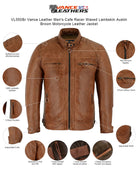 Vance Leather Men's Cafe Racer Waxed Lambskin Austin Brown Motorcycle Leather Jacket - Info-graphics