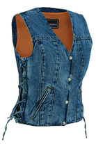 Womens-Blue-Denim-V-Neck-Vest-Snap-opening-side-laces-main