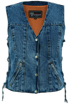 Womens-Blue-Denim-V-Neck-Vest-Snap-opening-side-laces-front