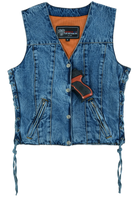 Womens-Blue-Denim-V-Neck-Vest-Snap-opening-side-laces-front