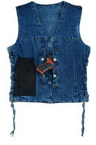 Womens-Blue-Denim-V-Neck-Vest-Snap-opening-side-laces-front