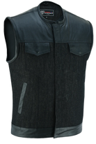 Mens-Collarless-Black-Denim-Leather-Vest-main