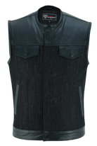 Mens-Collarless-Black-Denim-Leather-Vest-front