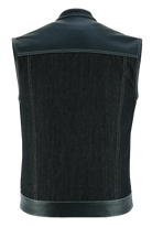 Mens-Collarless-Black-Denim-Leather-Vest-back