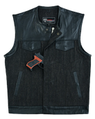 Mens-Collarless-Black-Denim-Leather-Vest-front