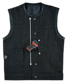 Mens-Collarless-Black-Denim-Leather-Vest-front