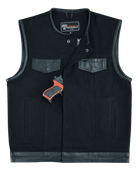 Denim-Black-Collarless-Club-Vest-Leather-trims-front