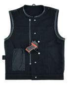 Denim-Black-Collarless-Club-Vest-Leather-trims-front