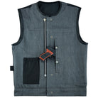 Vance-VB910G Mens-Grey-Denim-Leather-Motorcycle-Vest-CCW-Pockets-front-view-with-gun-packets-2