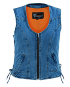 Vance-VB1042BL-Womens-Blue-Denim-V-Neck-Vest-Zipper-side-laces-Motorcycle-Vest-Front-view