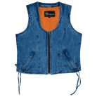 Vance-VB1042BL-Womens-Blue-Denim-V-Neck-Vest-Zipper-side-laces-Motorcycle-Vest-Front-view