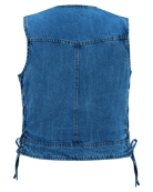 Vance-VB1042BL-Womens-Blue-Denim-V-Neck-Vest-Zipper-side-laces-Motorcycle-Vest-back-view