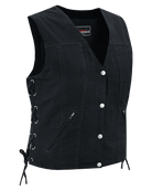 Vance-VB1045BK-Womens-Black-Denim-V-Neck-Vest-with-Snap-opening-&-side-laces-Motorcycle-Vest-main