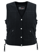 Vance-VB1045BK-Womens-Black-Denim-V-Neck-Vest-with-Snap-opening-&-side-laces-Motorcycle-Front-view