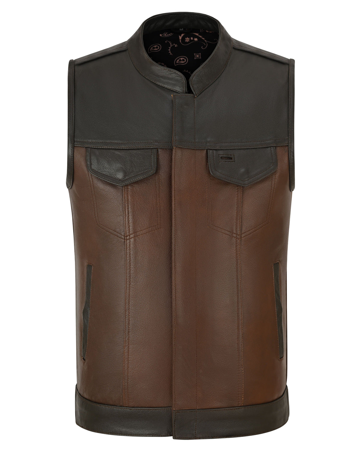 Vance VL914BrP Men's Two-Tone Brown & Black Leather Motorcycle Riding Club Vest with Paisley Liner & CCW Pockets - main