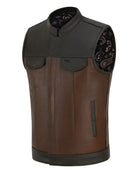 Vance VL914BrP Men's Two-Tone Brown & Black Leather Motorcycle Riding Club Vest with Paisley Liner & CCW Pockets - side view
