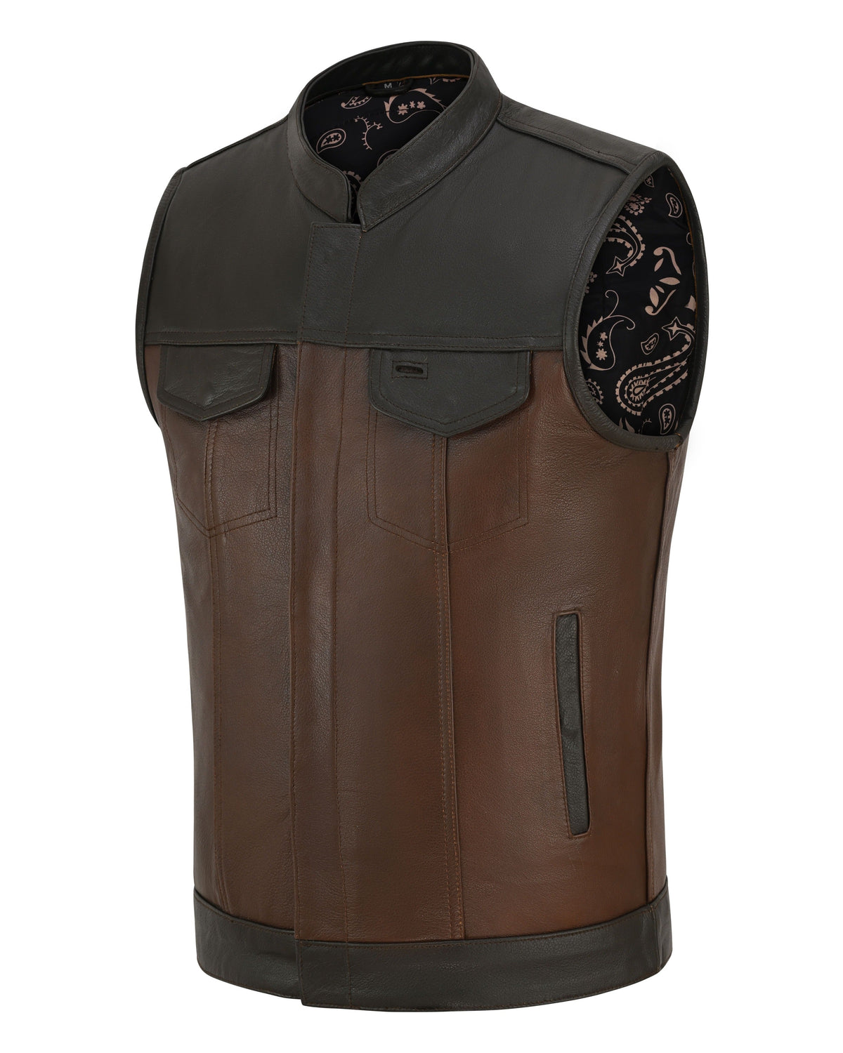 Vance VL914BrP Men's Two-Tone Brown & Black Leather Motorcycle Riding Club Vest with Paisley Liner & CCW Pockets - side view
