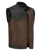 Vance VL914BrP Men's Two-Tone Brown & Black Leather Motorcycle Riding Club Vest with Paisley Liner & CCW Pockets - dual closure