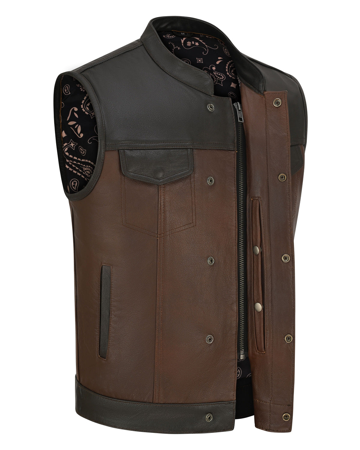 Vance VL914BrP Men's Two-Tone Brown & Black Leather Motorcycle Riding Club Vest with Paisley Liner & CCW Pockets - dual closure
