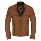 Men's Cognac Brown Premium Cowhide Cafe Racer Leather Motorcycle Jacket with Zipper Vents - Opened Zipper