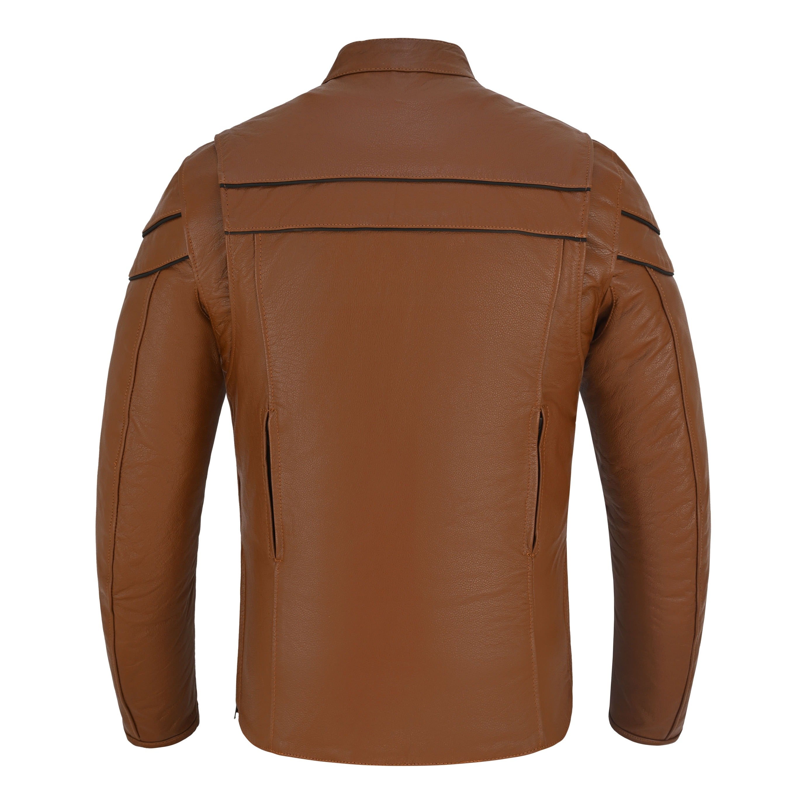 Men's Cognac Brown Premium Cowhide Cafe Racer Leather Motorcycle Jacket with Zipper Vents - Back