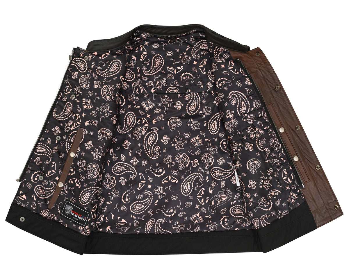 Vance VL914BrP Men's Two-Tone Brown & Black Leather Motorcycle Riding Club Vest with Paisley Liner & CCW Pockets - inside liner