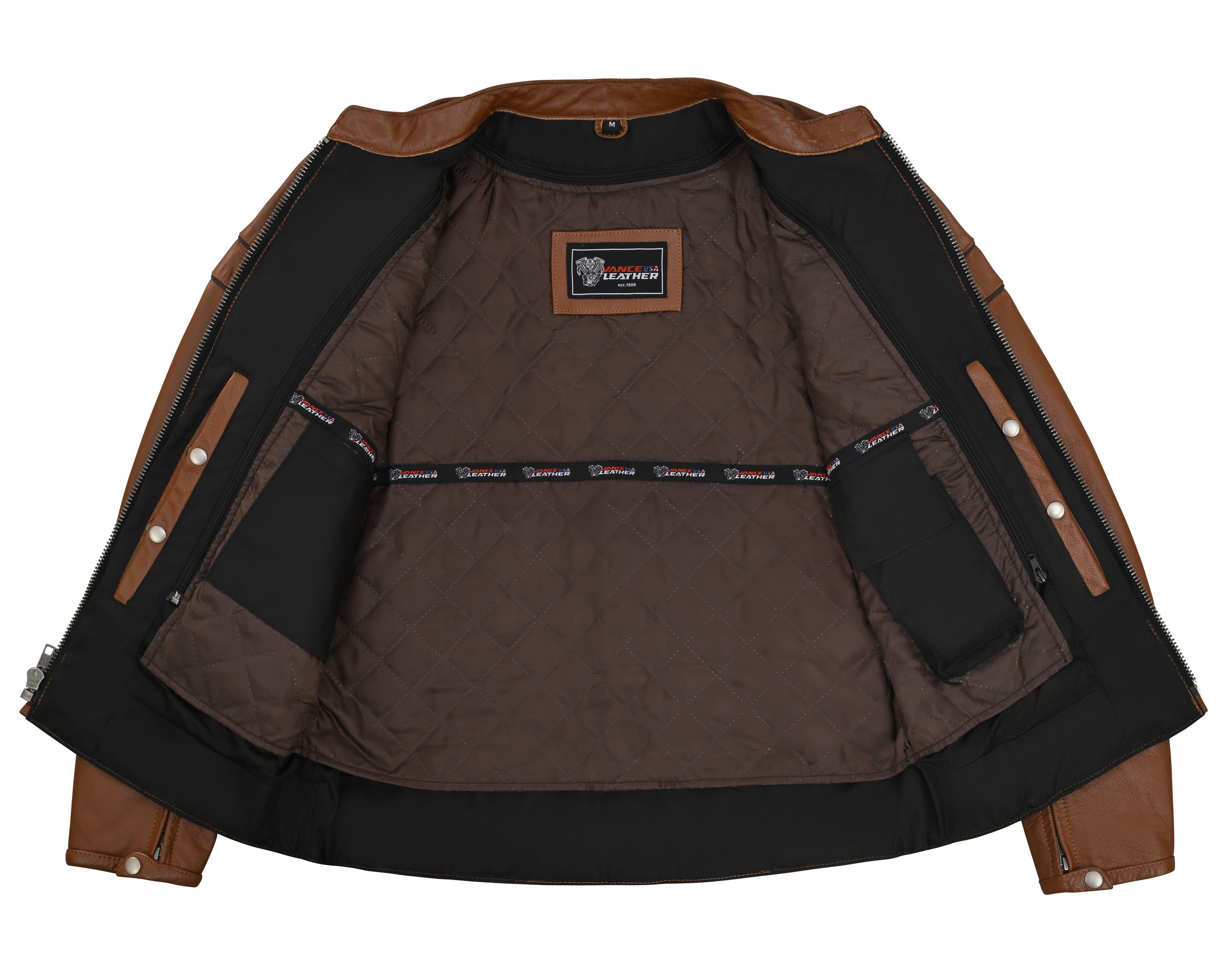 Men's Cognac Brown Premium Cowhide Cafe Racer Leather Motorcycle Jacket with Zipper Vents - Inside View