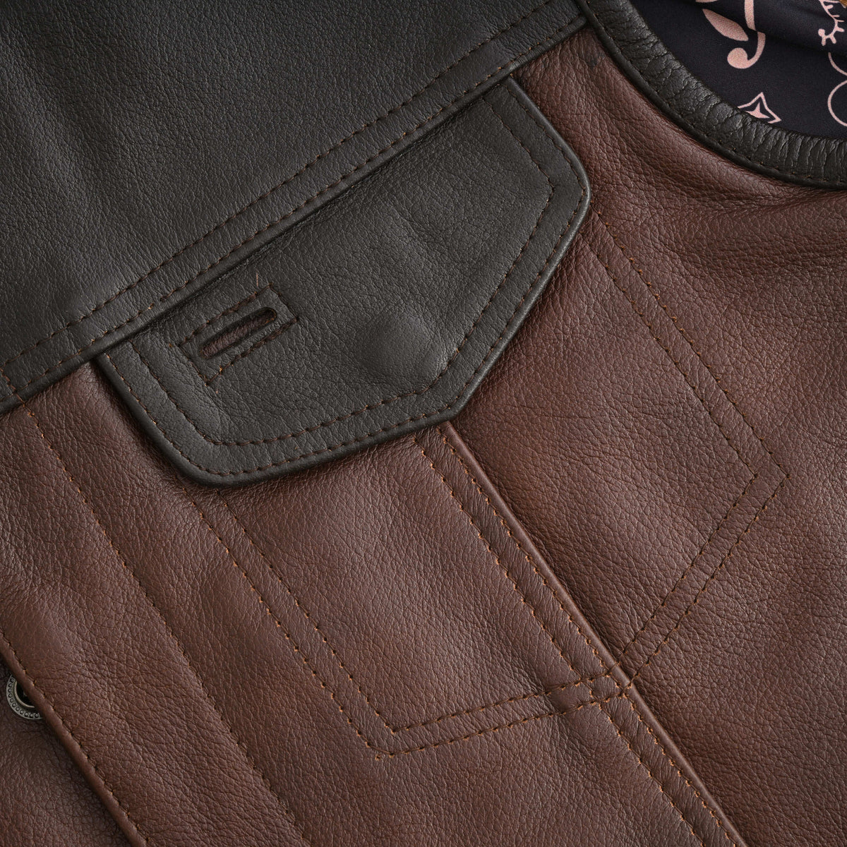 Vance VL914BrP Men's Two-Tone Brown & Black Leather Motorcycle Riding Club Vest with Paisley Liner & CCW Pockets - detail pic 3
