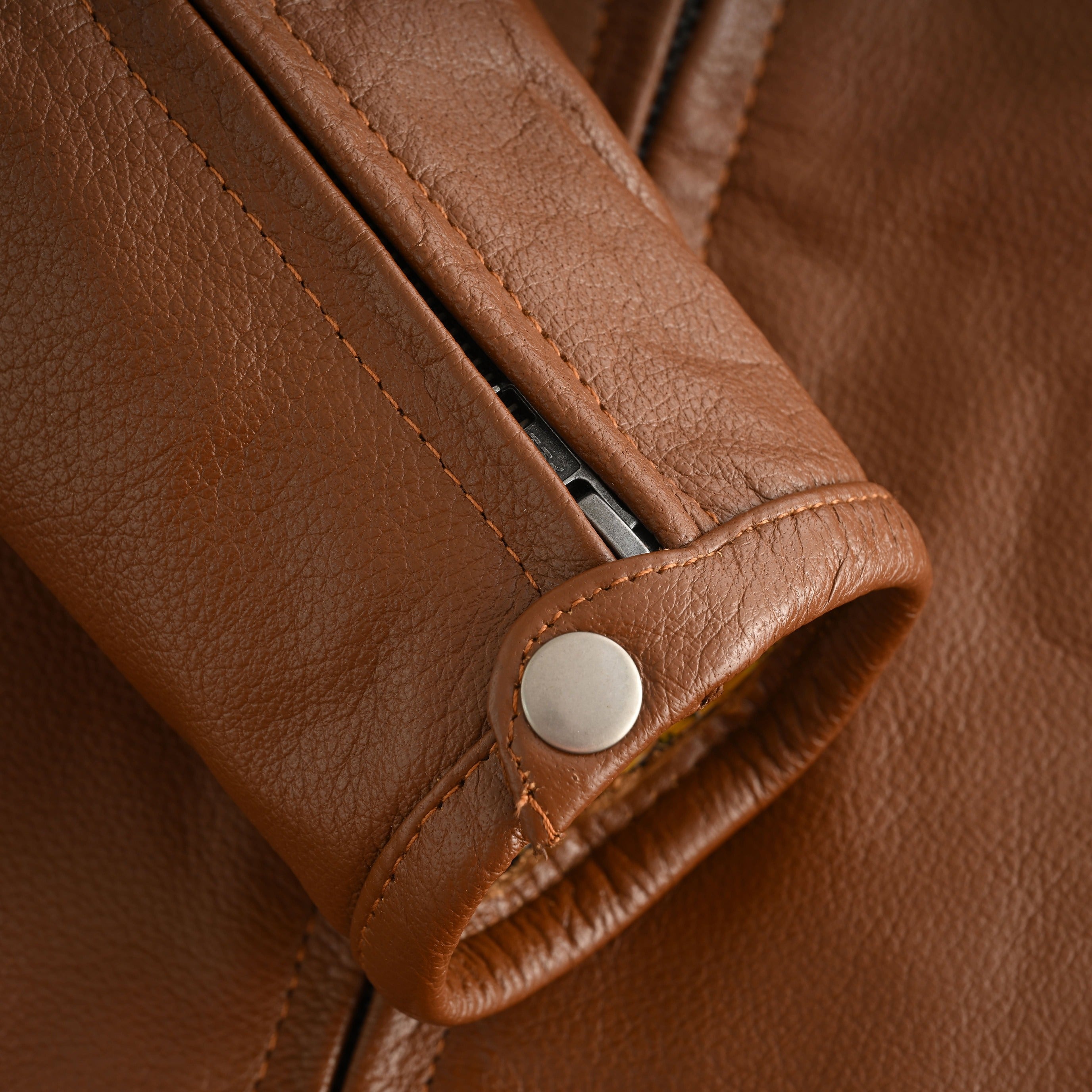 Men's Cognac Brown Premium Cowhide Cafe Racer Leather Motorcycle Jacket with Zipper Vents - cuffs