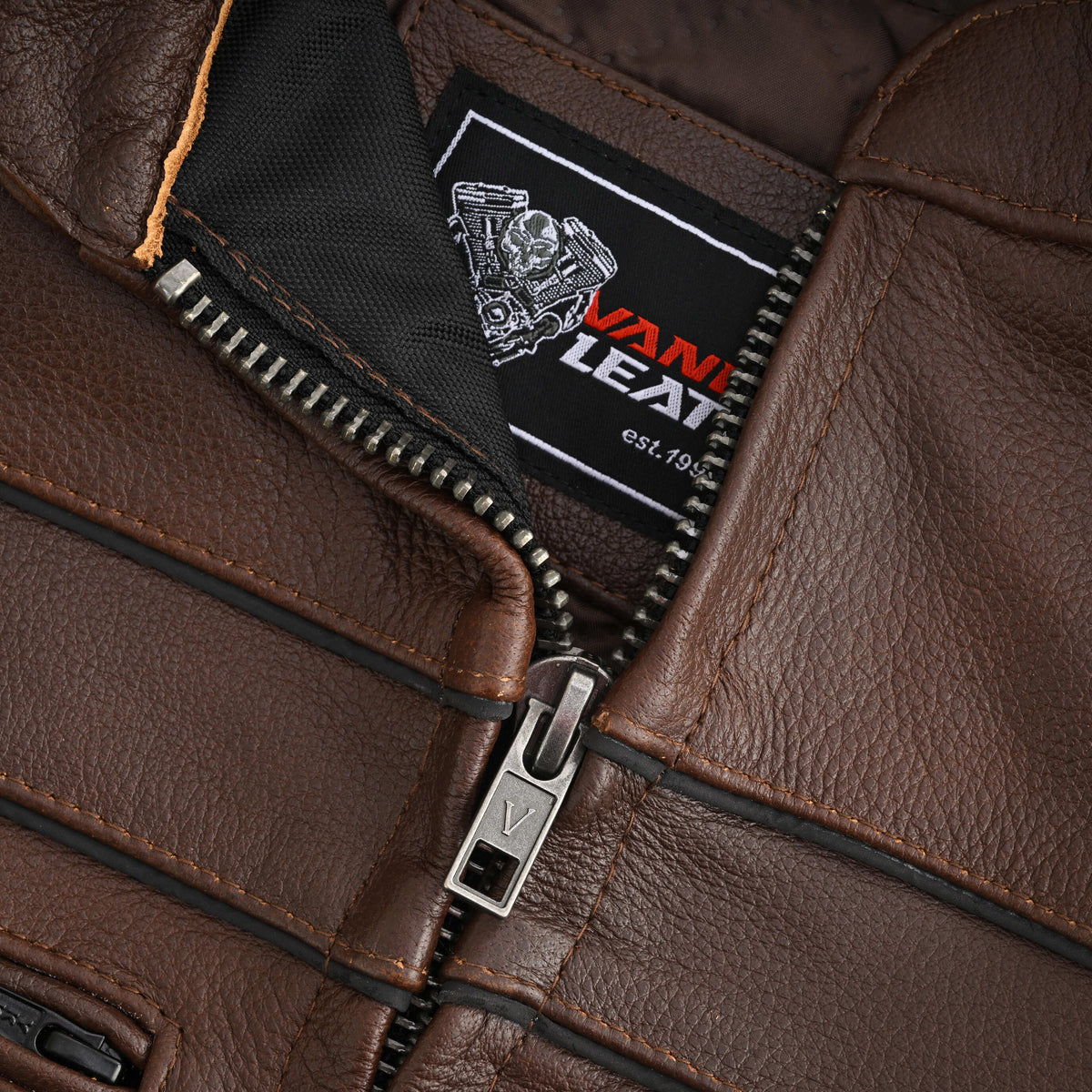 Men's Espresso Brown Premium Cowhide Cafe Racer Leather Motorcycle Jacket with Zipper Vents - opened zipper - Zipper