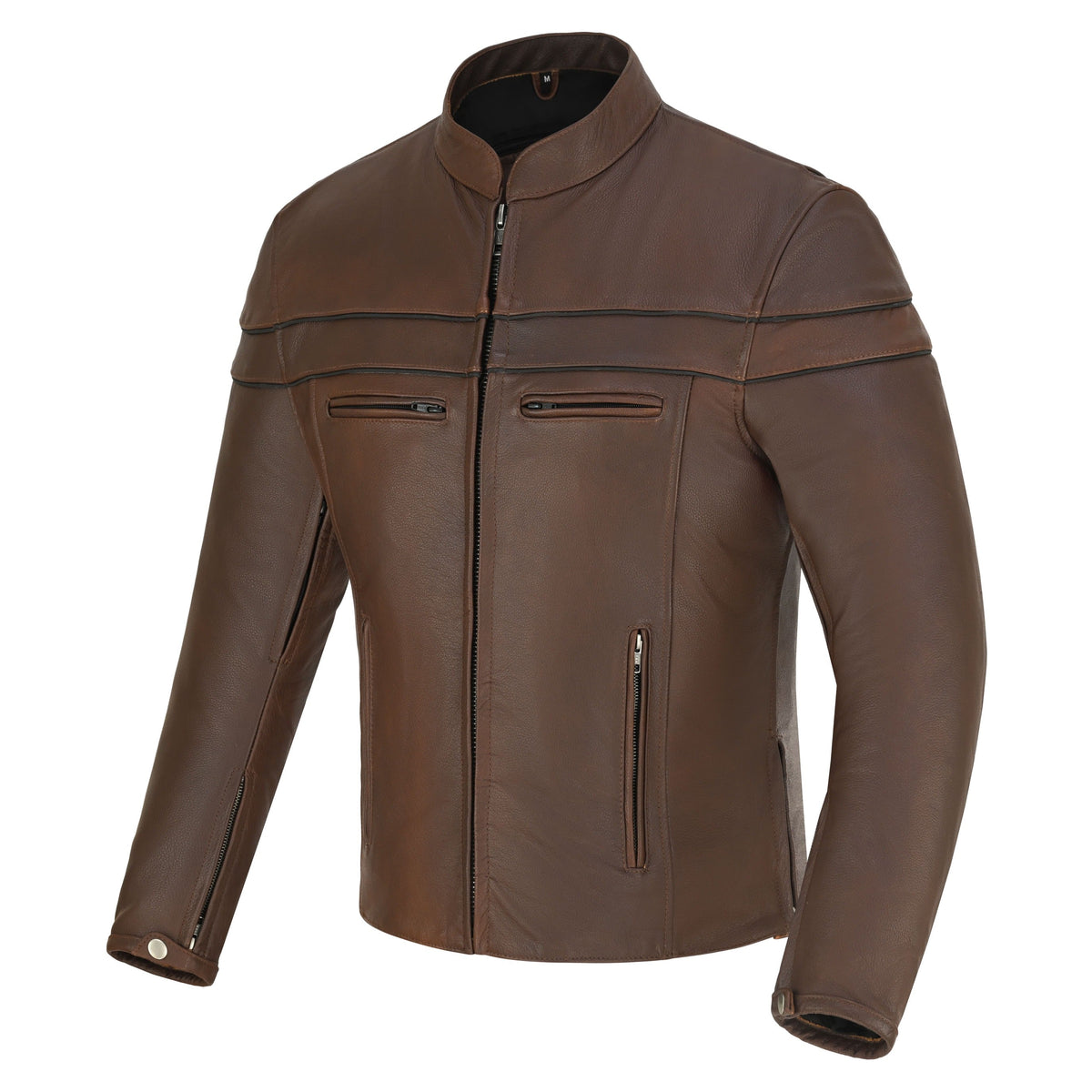 Men's Espresso Brown Premium Cowhide Cafe Racer Leather Motorcycle Jacket with Zipper Vents - Side
