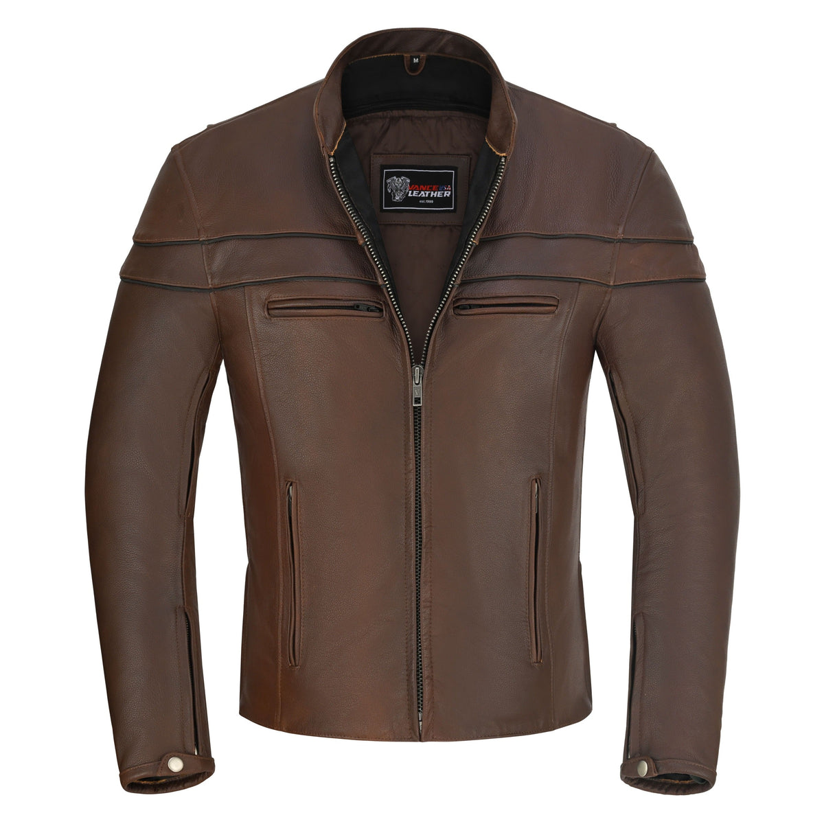 Men's Espresso Brown Premium Cowhide Cafe Racer Leather Motorcycle Jacket with Zipper Vents - opened zipper