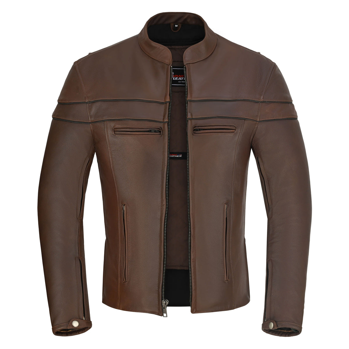 Men's Espresso Brown Premium Cowhide Cafe Racer Leather Motorcycle Jacket with Zipper Vents - Main