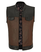 Vance VL914BrP Men's Two-Tone Brown & Black Leather Motorcycle Riding Club Vest with Paisley Liner & CCW Pockets - front open